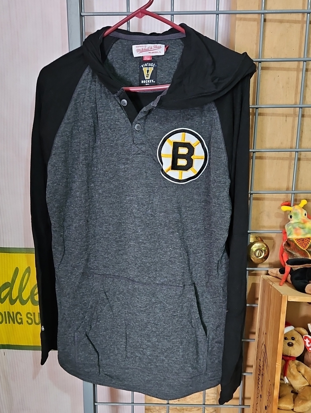 Mitchell & Ness Grey and Black Boston Bruins Hooded Henley